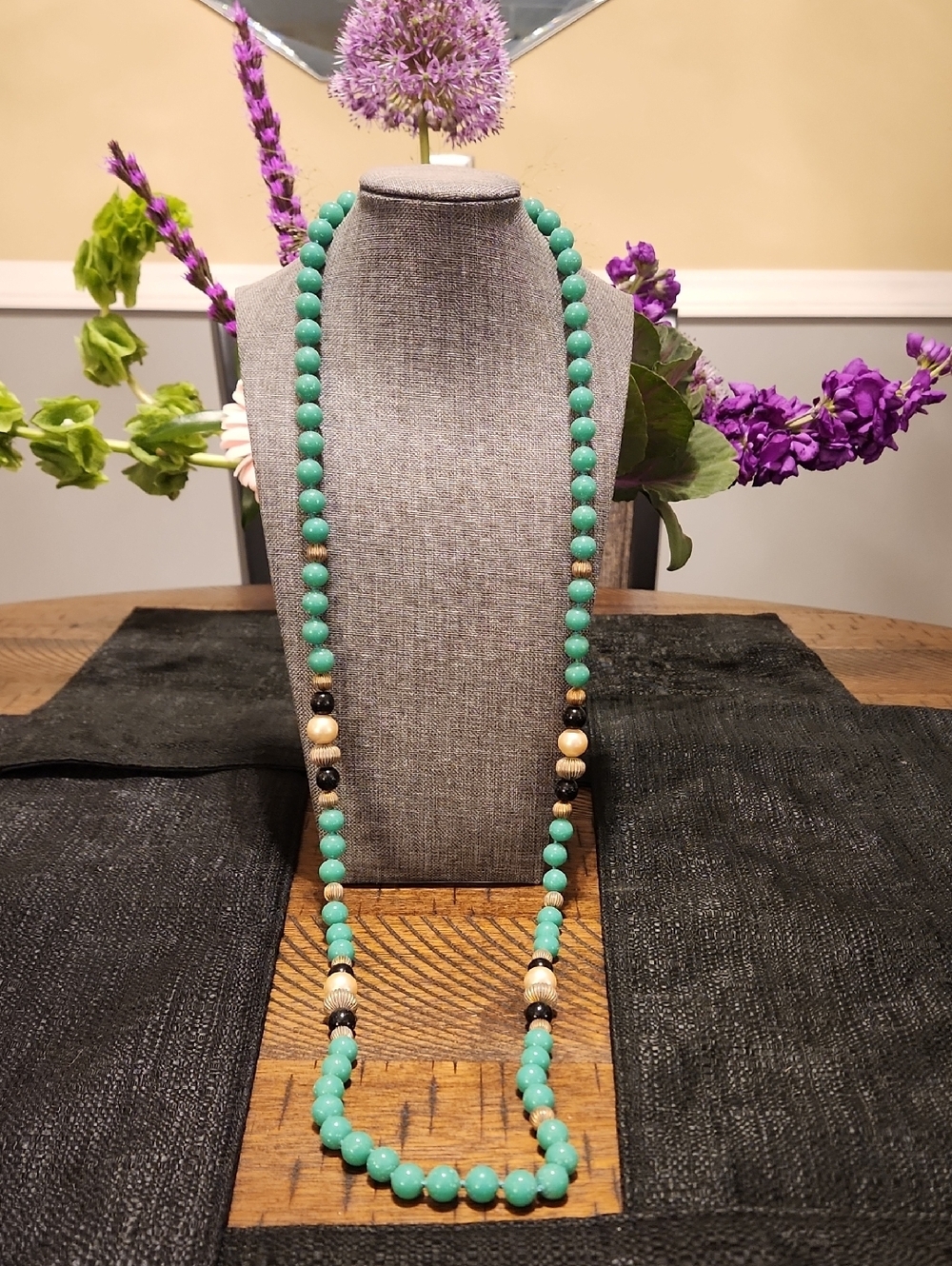 Les Bernard Turquoise Beaded Long Necklace with Black & Cream Accents